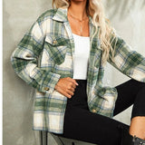 Plaid Print Coat Women Winter Long Sleeve Turndowm Collar Single Breasted Pocket Slim Woolen Blazer Casual Loose Warm Jacket