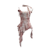 Shooting Retro Tie-Dye-Print Mesh Sling Sling Sling Vest Irregular Lotus Leaf Edge Ribbon Sleeveless Top