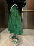 2022 Summer Print Pleated Skirt Women Fashion High Waist A-line Skirts Green Leopard Print Korean Streetwear Long