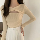 Slend Hollow Long-Sleeved Knitted Shirt Girl 2025 Spring And Autumn Careful Machine Slimming V Collar Hooded Apricot Color