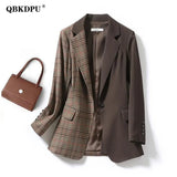Plaid Vintage Slim Blazer Women Office Lady Elegant Notched Collar Long Sleeve Suit Jacket Korean Fashion Female