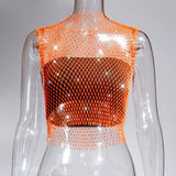 Toloer Nightclub Dresses Fishnet Hollow Out Rhinestone Vest Mesh Flash Diamond Sling Top