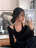 Women Cropped Sweater Korean V Neck Y2K Tops Pullover Halter Off Shoulder Sweaters Long Sleeve Fake Two Piece