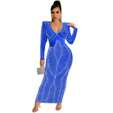 Sexy Nightclub Hot Diamond Mesh Perspective V Collar Long Sleeve Dress Woman-Outfit