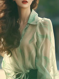Toloer Elegant Exquisite Beauty Green Collar Long-Sleeved Shirt Women Spring And Autumn Yangqi Small Sun Protection