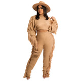 Toloer New Women's Wear Casual Solid Color Knit Long Sleeve Tassel Suit-Outfit