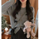 Gentle Sweet Bow Knitted Cardigan 2024 Early Spring New Niche Designer Round Neck Blouse Woman-Outfit