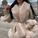 PU Leather Jackets Women Fashion Tie Belt Waist Short Coats Women Elegant Side Pockets Faux Fur Jackets Female