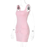 Satin Square Neck Mock Pocket Mini Dress-Outfit