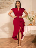 V-Neck Loaf-Side Dress High-Waisted Open-Fork Irregular Hem Dinner Dress Dress
