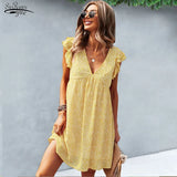 V Neck Floral Print Short Dress Sexy Yellow Women Summer Dress with Lining Lady Ruffle Sleeve Casual Loose Outfit