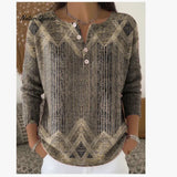 Women's Fashion V-Neck Retro National Style Print Loose Long-Sleeved Large Swing