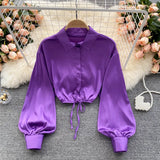 Women Korean Satin Blouse Turndown-Collar Puff Sleeve Single Breasted Slim Top Autumn Fashion Streetwear Short