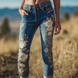 Women's Jeans Women's Trousers Color Flowers 3D Three-Dimensional Printed