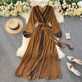 Fashion Women Chiffon Dress Ladies Printed Lace-up Waistband Long Sleeved Sashes Waist Slim Style Swing Long A-line