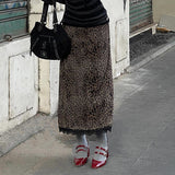 Toloer Wind Leopard Print Stitching Lace Lace Skirt Low Waist Draw Rope Contrast Color A Word Place Middle Skirt-Outfit
