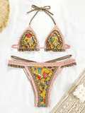 Patchwork Baroque Print Halter Bikini Set-Outfit