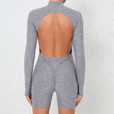 Toloer Collar Zipper Open Back Long Sleeve Onesie Dance Fitness Sports Onesie Sexy Tight Yoga Dress Woman-Outfit