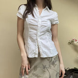 Solid Color Button Down Short Sleeve Blouse-Outfit