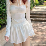 Sexy Cute White Mini Skirt Women Drawstring Folds High Waist Irregular Ruffle Patchwork Fairycore Short Skirts Mori