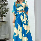 Toloer Women's V-Neck Lantern Sleeve Short Long Sleeve Top Wide Leg Pants Fashion Casual Suit