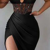 Women Solid Elegant Halter Rhinestone Bright Line Decoration Criss Cross Lace Patch Keyhole Bodycon Party Sexy Dress-Outfit