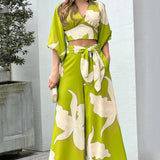Toloer Women's V-Neck Lantern Sleeve Short Long Sleeve Top Wide Leg Pants Fashion Casual Suit