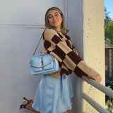 Autumn Winter Knitted Sweaters For Women Casual O Neck Long Sleeve Checkerboard Pullover Sweater Femme Fashion Streetwear