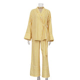Toloer Women's Fall 2023 New Striped Long Sleeves, High Waisted Trousers Fashion Casual Suit-Outfit
