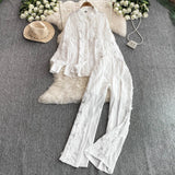Light Luxury Heavy Lace Splicing Temperament Long-Sleeved Shirt Tight High Waist Thin Broad Leg Trousers Two Sets Of