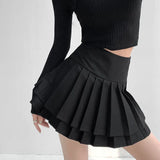 Preppy Style Double Pleated Skirt Women Korean Skort Summer Sexy Y2k High Waist Patchwork Solid Mini Skirt A-line