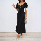 New Women's Temperament Solid Color Peach Heart Temperament Short-Sleeved Long Dress Dress