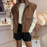 Nadafair Faux Leather Jacket Coat Women 2021 Spring Casual Pu Pockets Zipper Shrug Winter Sleeveless Jackets Coats Woman
