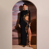 Toloer Women's Autumn And Winter Hot Girl Show Waist High Slit Long Sleeves Sexy Snake Print Long Skirt Dress-Outfit