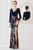 Winter Elegant Velvet With Sequins Deep V Neck Long Sleeve Slit Cocktail Eevening