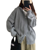 Version Autumn Winter New Casual Hoodie Pure Color Knit Cardigan Female Loose Lazy Wind Double Zipper Sweater Coat Female-Outfit