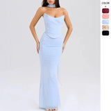 Tset Blue Bra Short Top + High-Waisted Hip Pencil Skirt Two-Piece Suit