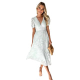 Dress Floral Lace Short-Sleeved High-Waist A-Shaped Flowing Party Mid-Dress