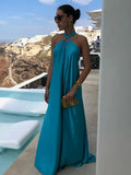 Party Long Dress Loose Backless Sleeveless Summer Long Dress A Line Laceup Halter Neck Sexy Silk Dresses Women Solid-Outfit