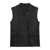 Women Fashion Double Breasted Faux Leather Waistcoat Vintage Sleeveless Flap Pockets Female Outerwear Chic Vest