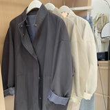 Spring 2024 New Korean Standing Collar Solid Color Long Trench Coat Female Loose Temperament Casual Jacket-Outfit