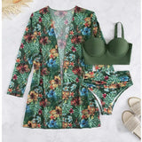 Toloer New Sexy Bikini Mesh Three-Piece Set Gathered Print Split Swimsuit