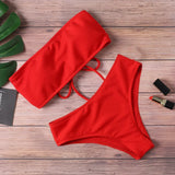 Solid Bikini Women Beach Padded Strapless Brazillian Swimsuit High Waist Back Lace Up Female Biquini Bathing Suit