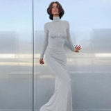 Toloer Autumn Winter Hot Girl High Collar Long Sleeve Collect Purse Hip Sexy Slim Fishtail Dress Women's Clothing-Outfit