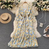 Women Chiffon Floral Dress Korean V Neck Short Sleeve Belt A-line Dress Summer Boho Print Ruffles Beach Midi