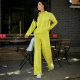 Casual Autumn Loose Knit Sweater Set Fashion Zip Lapel Long Sleeve Pullover Sweater & Straight Pants Two-piece