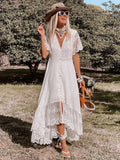 Dress Women Off Shoulder Lace Patchwork Dress Casual Bohemian Deep V Neck Short Sleeve Loose Vestidos Summer Dresses-Outfit