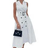 Toloer Spot 2024 Spring New Women's Fashion Temperament Striped Sleeveless Suit Collar Dress-Outfit