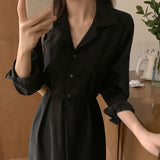 Chic Minimalist Versatile Lapel Single Breasted On Band Waist Lower Slit Shirt Dress Woman-Outfit
