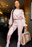 Winter Sexy Fleece Shoulder Slope Long Sleeve Top And Pant 2 Piece